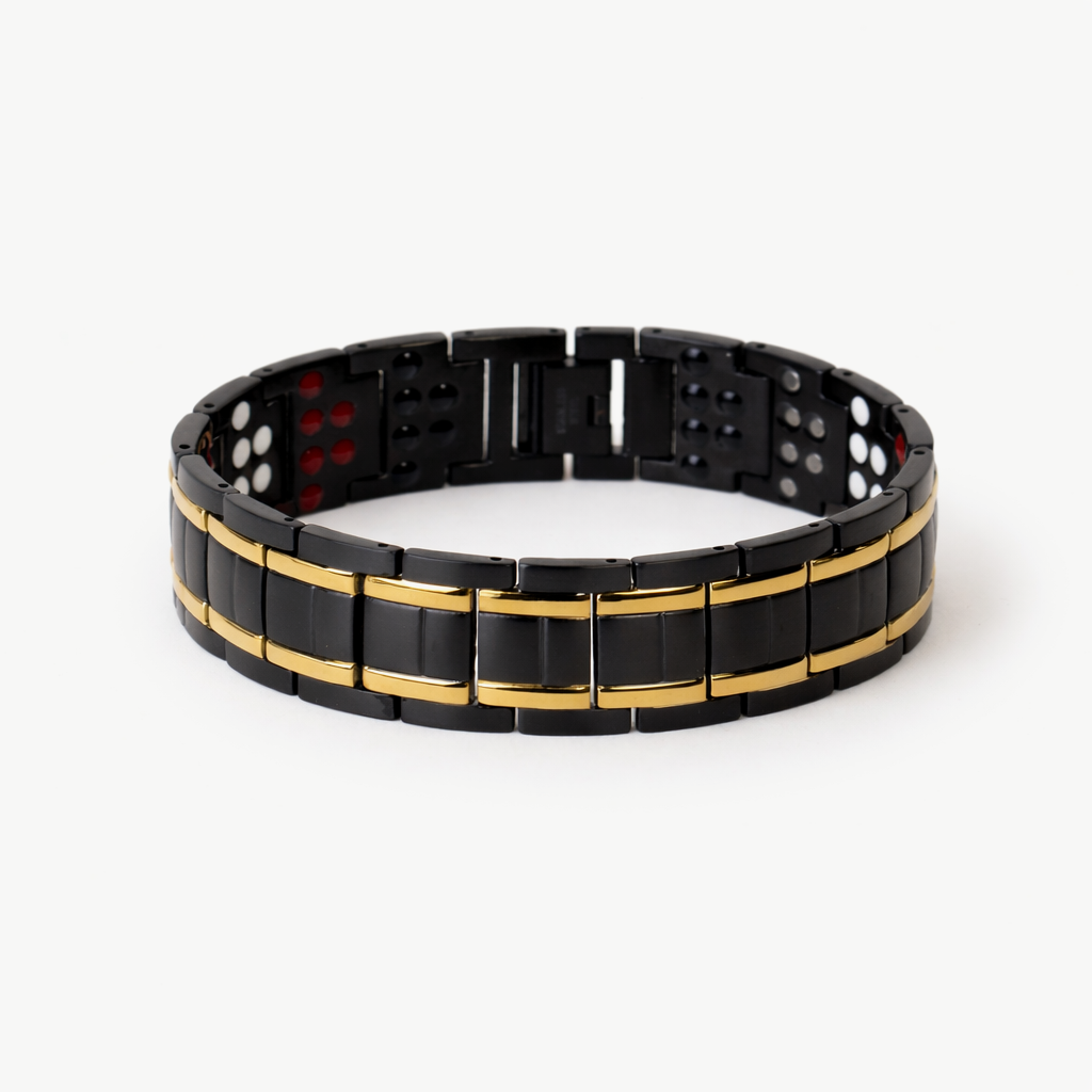 thick design 6x black and gold bracelet with wide links and white and red therapy inserts