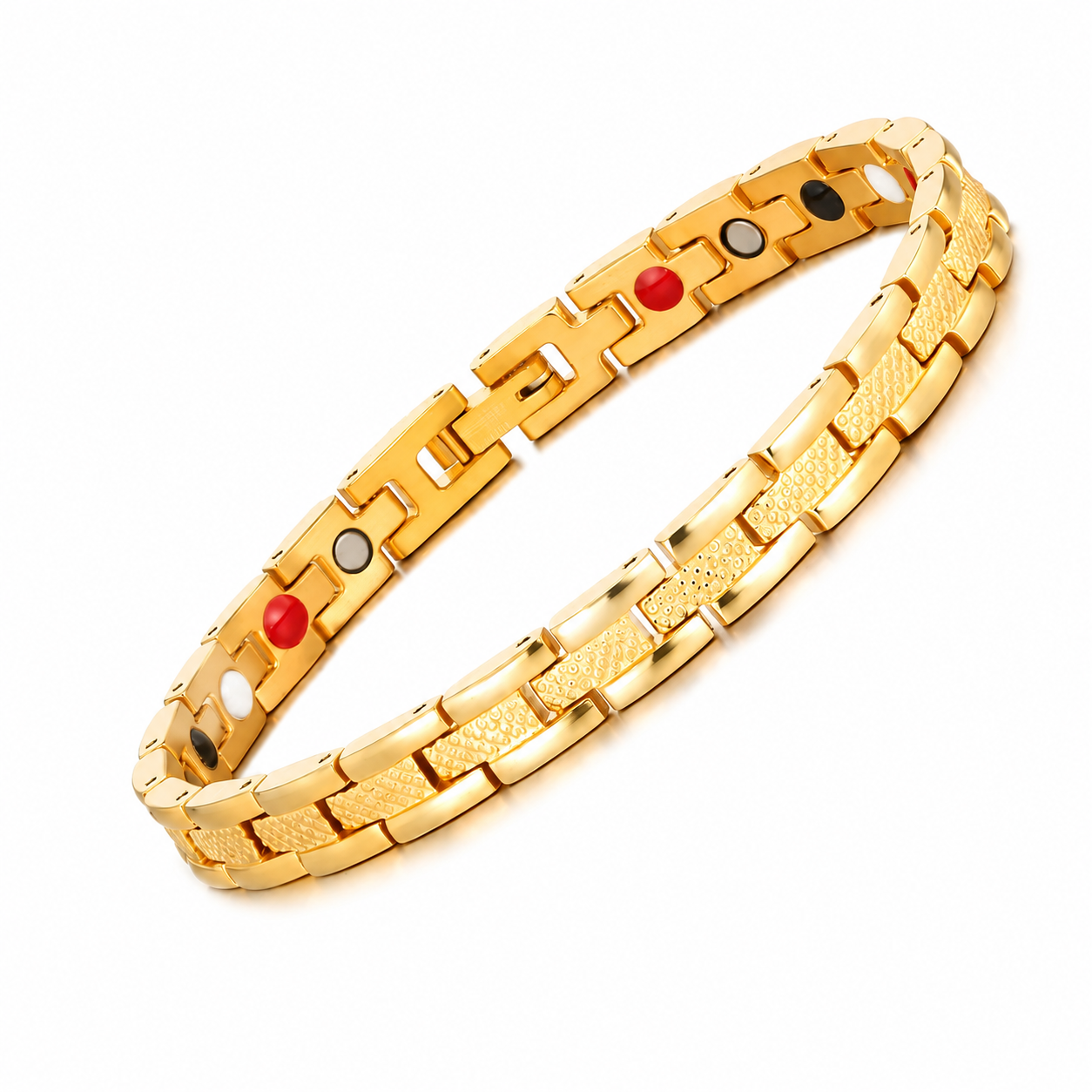 engraved bracelet in gold with textured links and magnetic therapy inserts