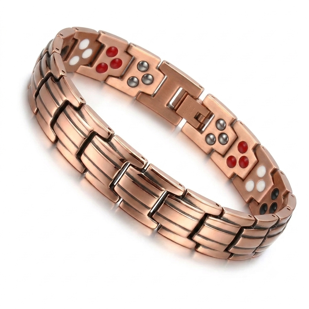 copper textured 3x bracelet with ribbed copper links and red and silver therapy inserts