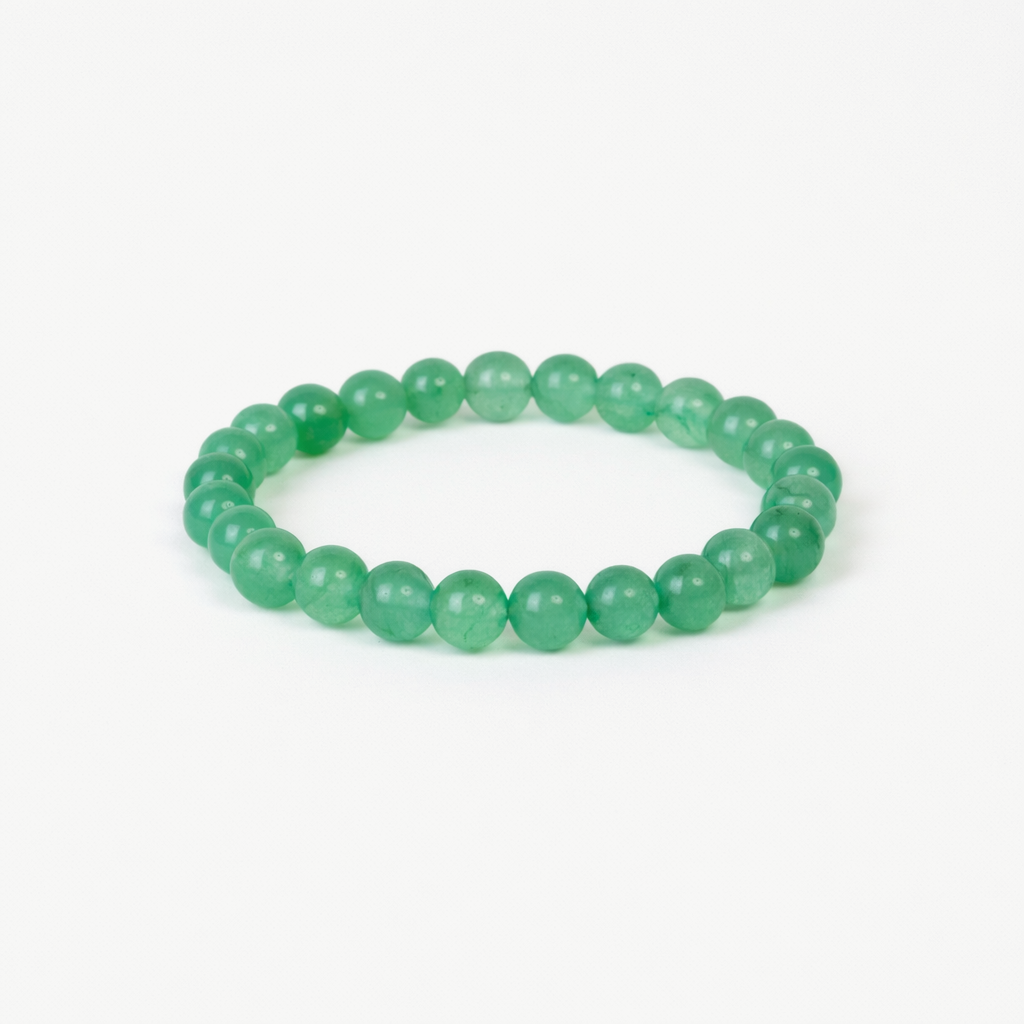 green aventurine prosperity beaded bracelet with polished green round stones on a stretch cord
