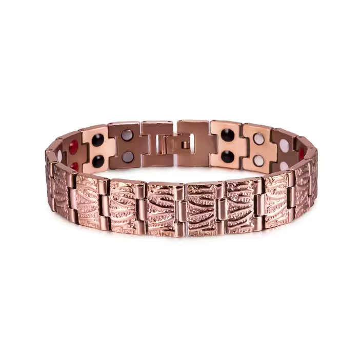 engraved copper 2x bracelet with patterned centre links and magnetic therapy inserts