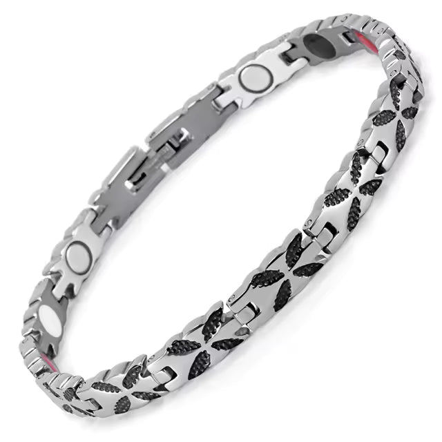 gaia butterfly bracelet in silver and black with patterned butterfly links