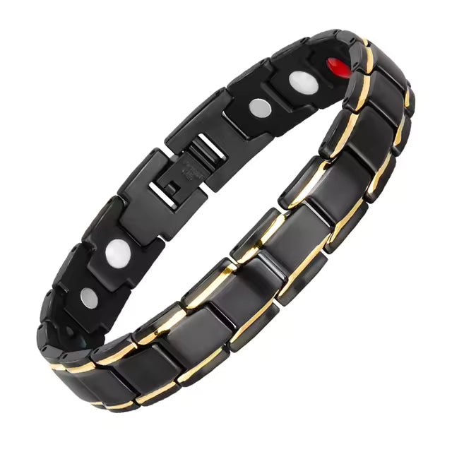 plain design 1x black and gold bracelet shown from two angles on a white background
