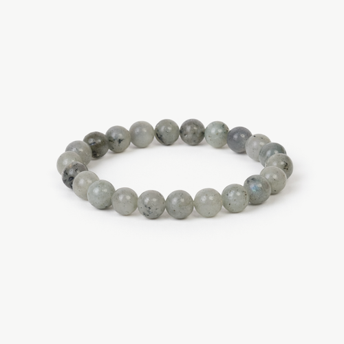 Labradorite Intuition beaded bracelet with grey flashing round stones on a stretch cord