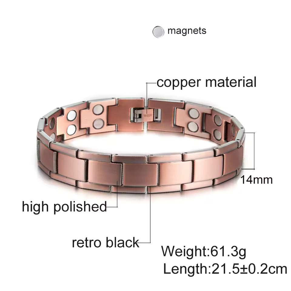 copper 2x bracelet size guide showing 14 mm width, 21.5 cm length and 61.3 g weight