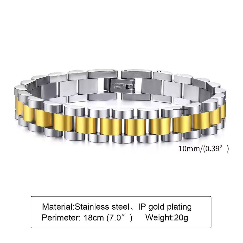 president bracelet in silver and gold with watch-band style links, 18 cm gold-plated steel