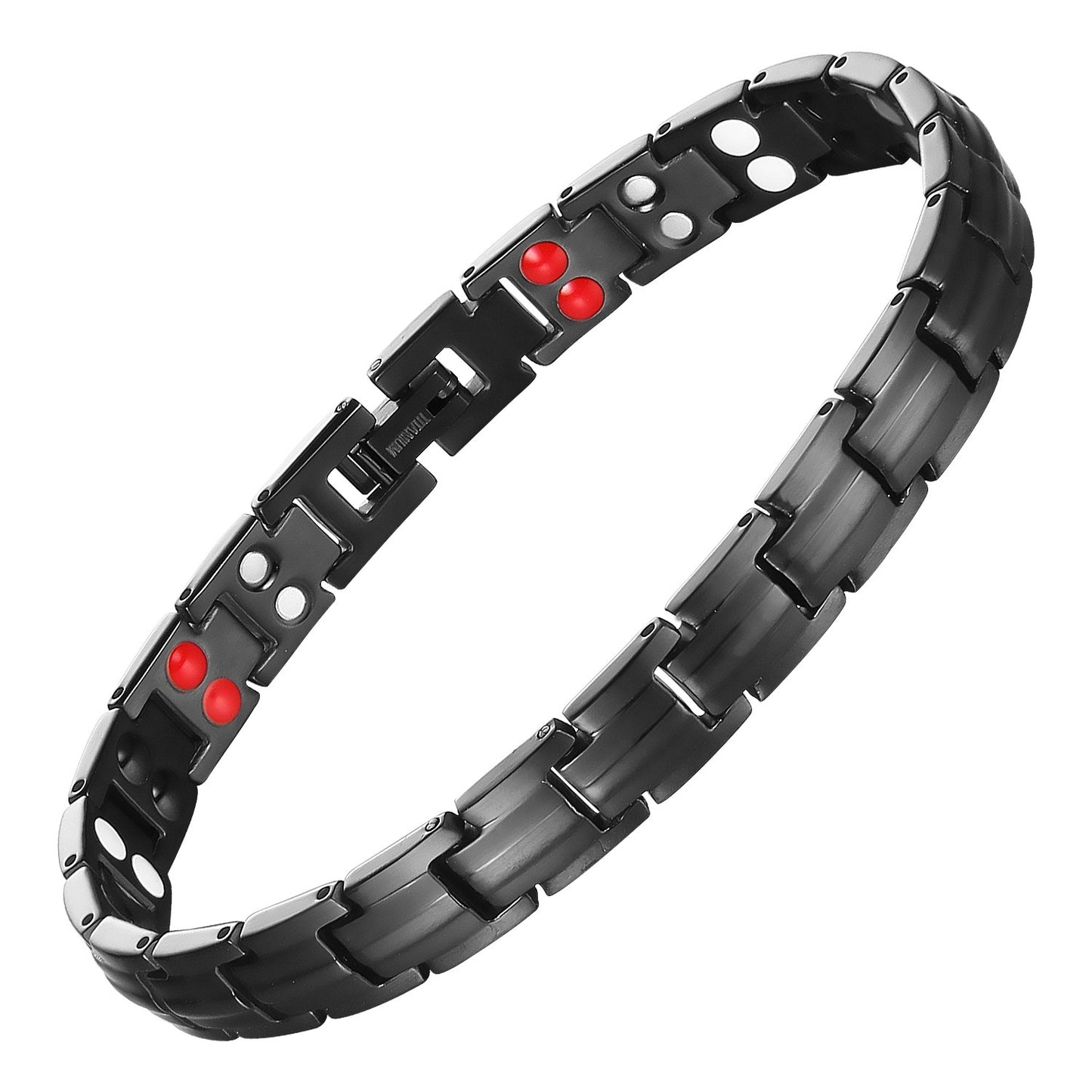 thin design 2x black wellness bracelet with slim black links and red therapy inserts