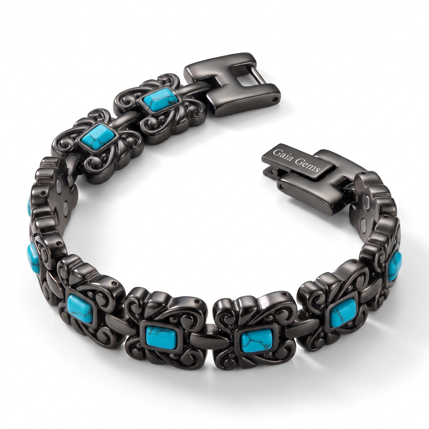 gaia gems signature black & aquamarine bracelet shown open with its fold-over clasp