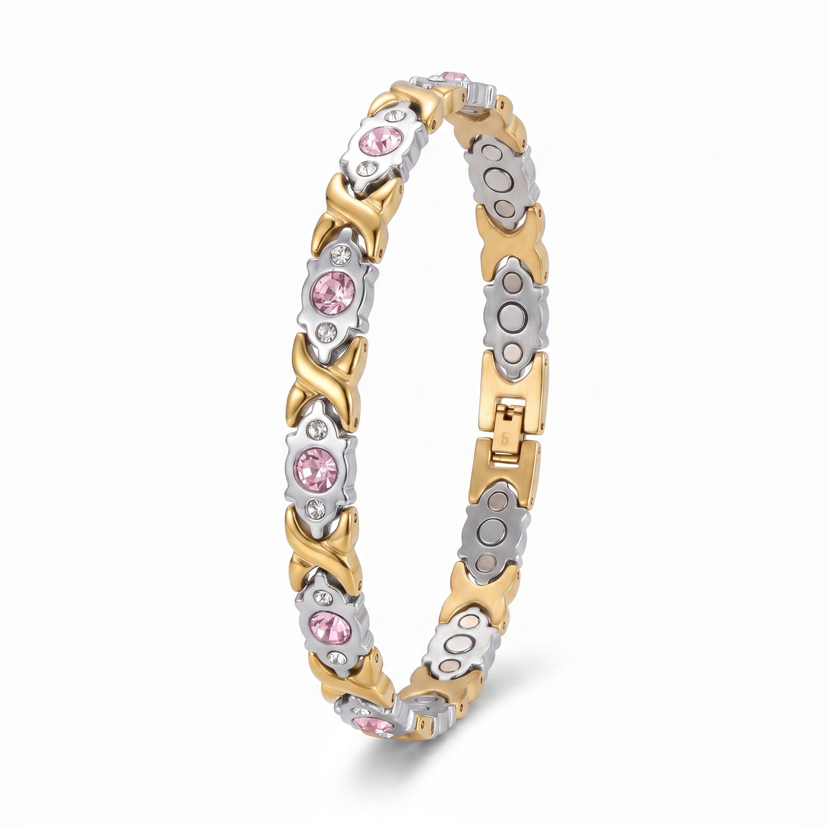 rose kiss two-tone wellness bracelet in gold and silver with pink crystal x links