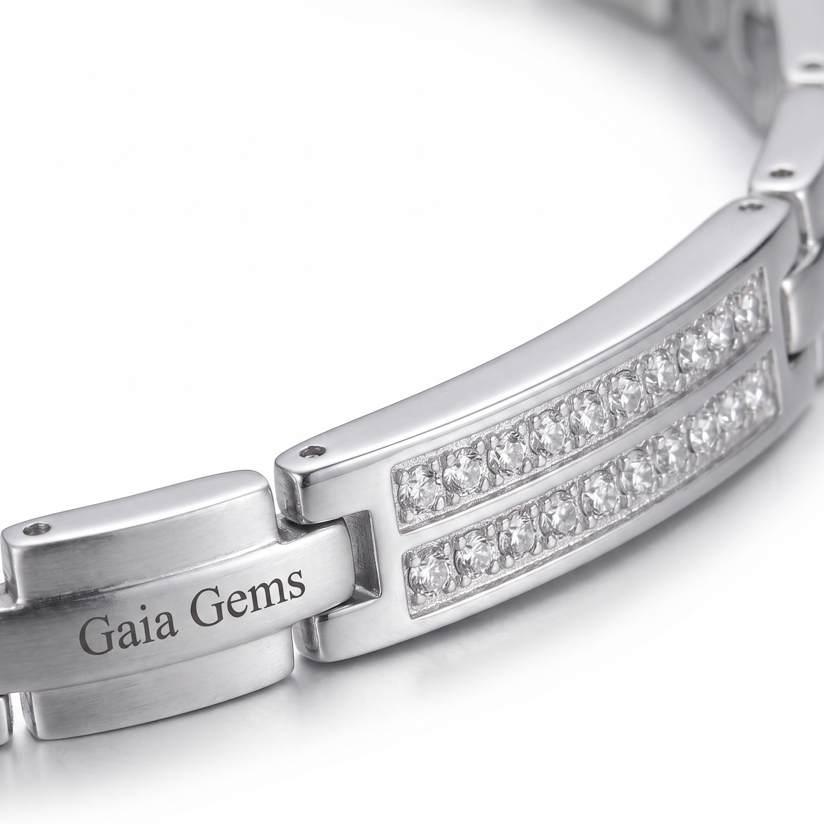 gaia gems signature crystal bracelet in silver - macro of the crystal bar and engraved name plate