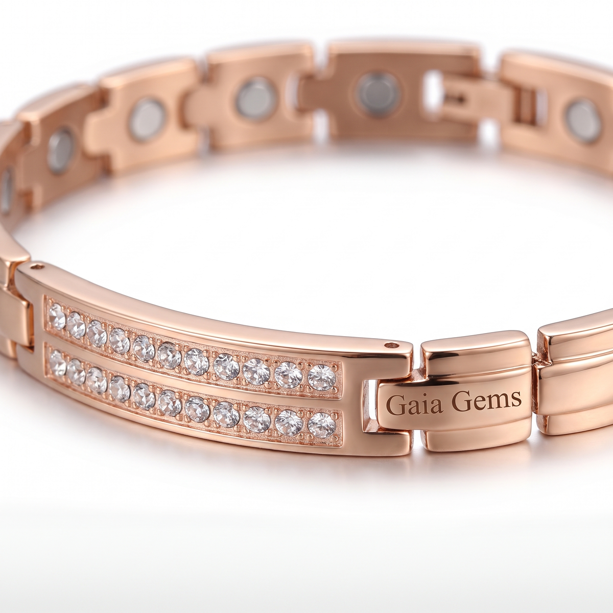 gaia gems signature crystal bracelet in rose gold - macro of the crystal rows and engraved plate