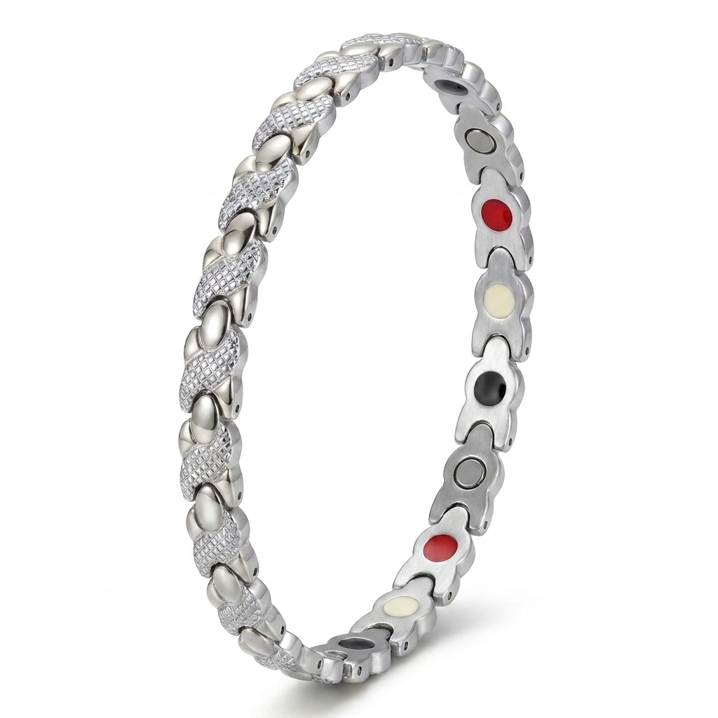 cleo magnetic bracelet in silver with twisted rope-effect links on a white background