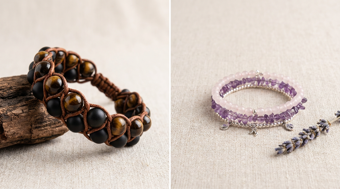 Split comparison of a bold men's tiger's eye and obsidian bracelet next to a delicate women's rose quartz and amethyst stack