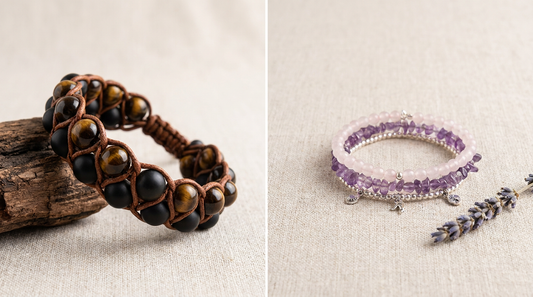 Split comparison of a bold men's tiger's eye and obsidian bracelet next to a delicate women's rose quartz and amethyst stack