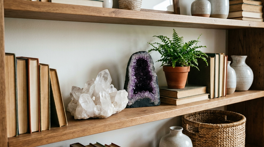 Living room shelf styled with a clear quartz crystal cluster and an amethyst geode among books and a plant