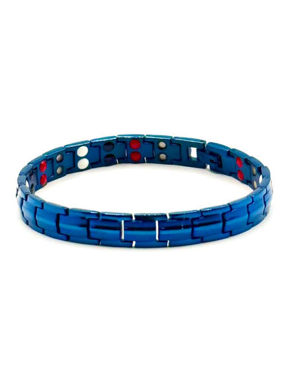 2X Thin Design Blue wellness bracelet with metallic blue links and red and silver therapy inserts