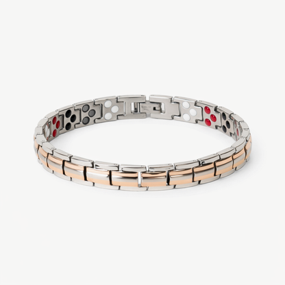 His & Hers Silver & Rose Gold set — women's Thin Design 3X silver and rose gold magnetic bracelet, hero shot on white