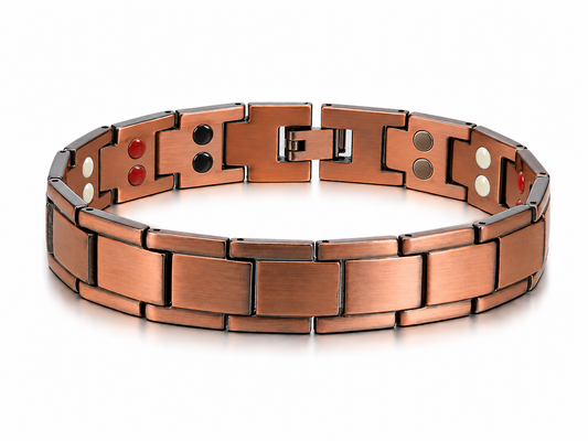 Copper 2X bracelet with wide brushed copper links and red, black and silver therapy inserts