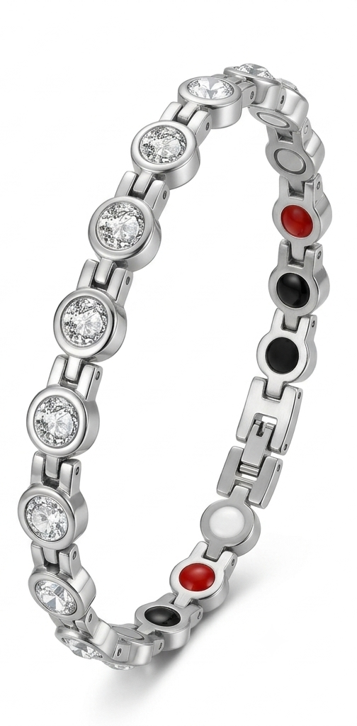 Crystal Radiance wellness bracelet in silver with round clear crystals and therapy elements