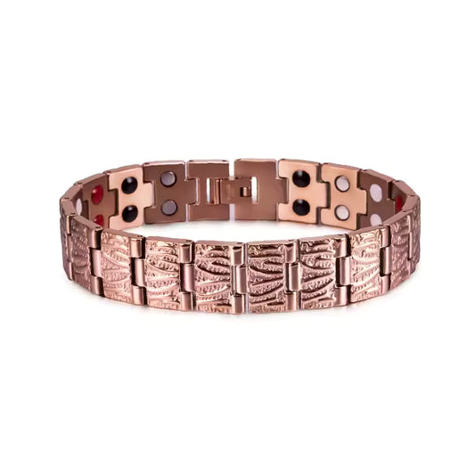 Engraved Copper 2X bracelet with patterned centre links and magnetic therapy inserts