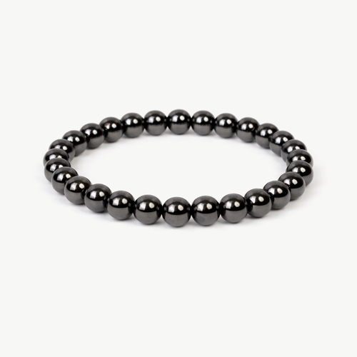 Hematite Grounding beaded bracelet with metallic silver-grey round stones on a stretch cord