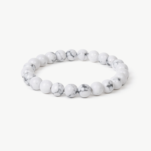 Howlite Calm beaded bracelet with white grey-veined round stones on a stretch cord