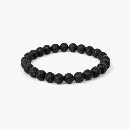 Lava Stone Strength beaded bracelet with matte black porous lava rock beads on a stretch cord