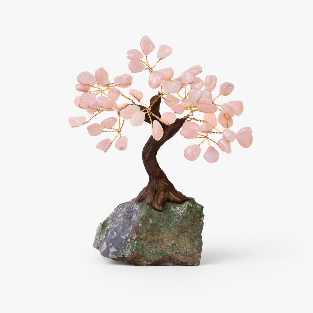 rose quartz tree with geode base
