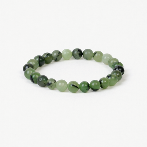 Prehnite Harmony beaded bracelet with mottled green round stones on a stretch cord