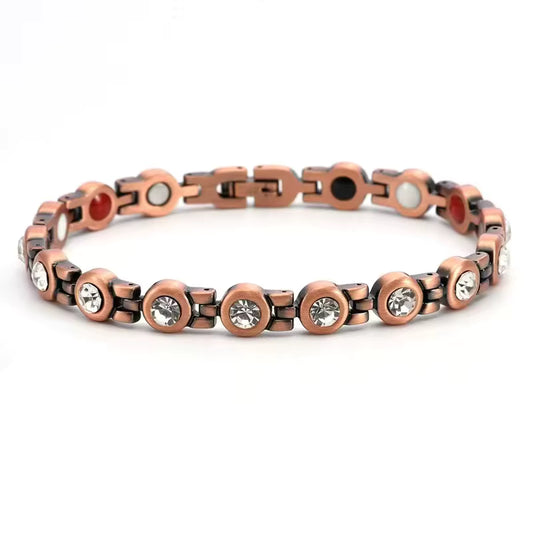 Copper Stone bracelet with round clear crystals set between polished copper links