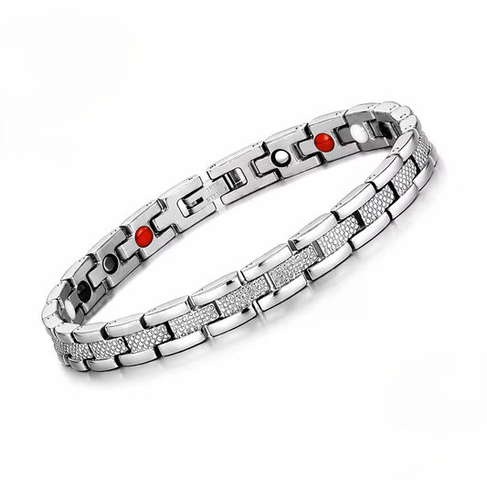 Engraved bracelet in silver with textured links and red and black therapy inserts