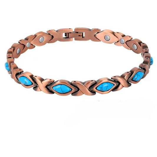 XOXO Copper bracelet with aquamarine marquise stones set between copper X links