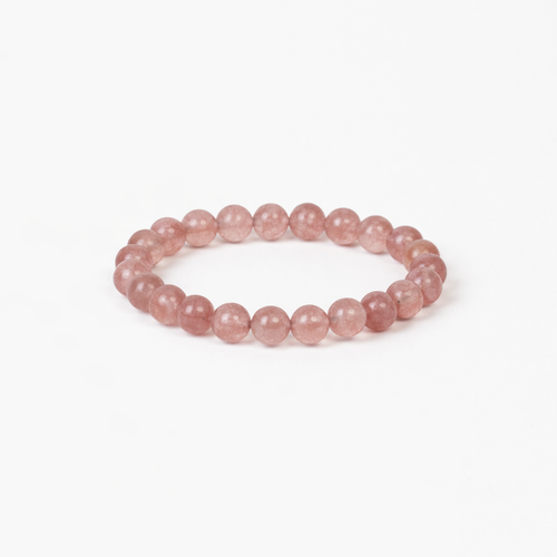 Strawberry Quartz Love beaded bracelet with soft pink round stones on a stretch cord