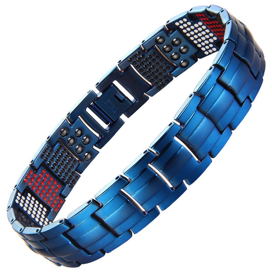 6X Titanium bracelet in blue with wide links and four-element therapy inserts