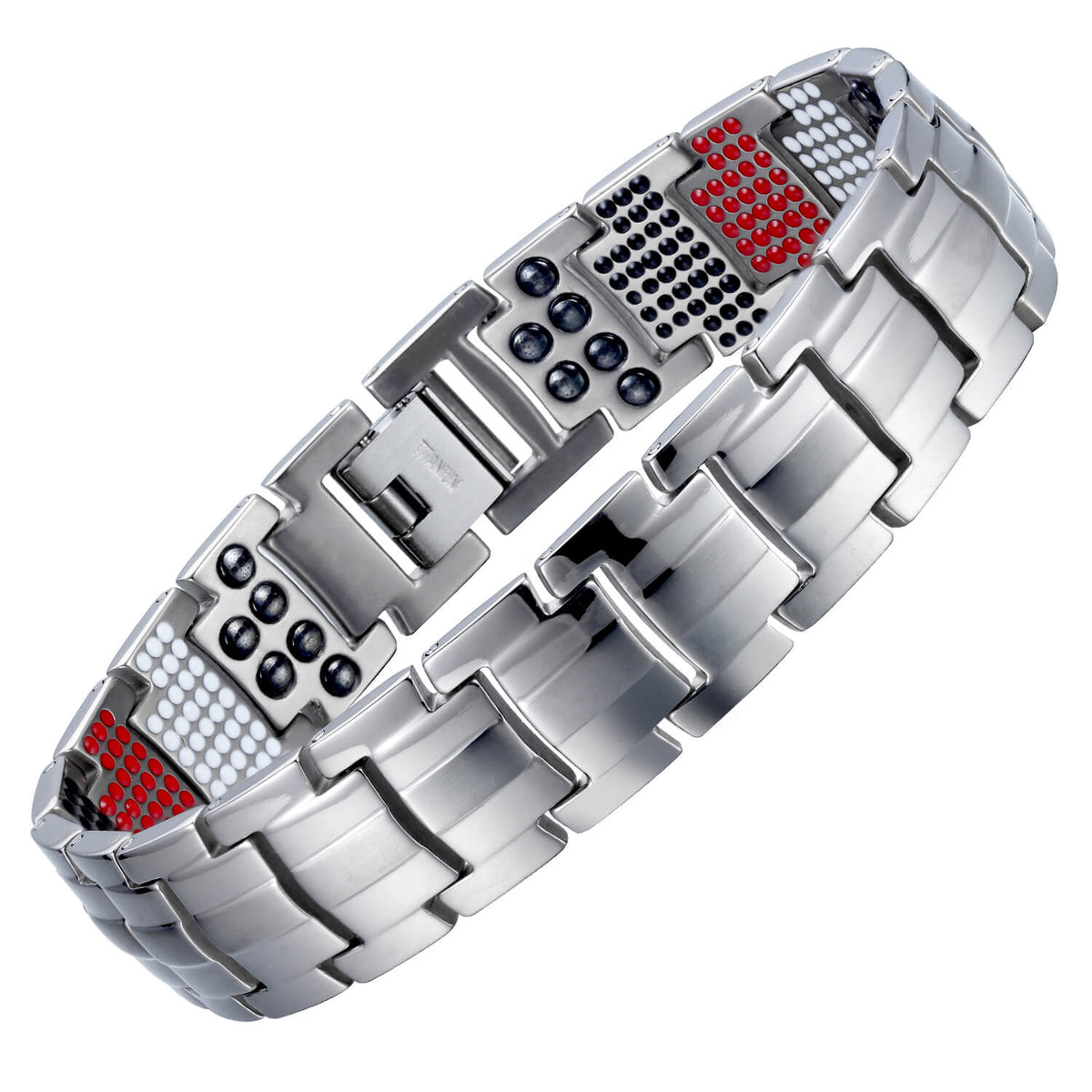 6X Titanium bracelet in silver with wide brushed links and four-element therapy inserts