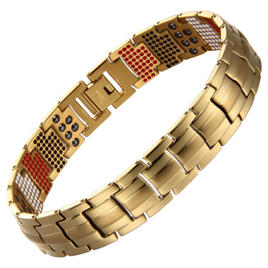 6X Titanium bracelet in gold with wide links and four-element therapy inserts