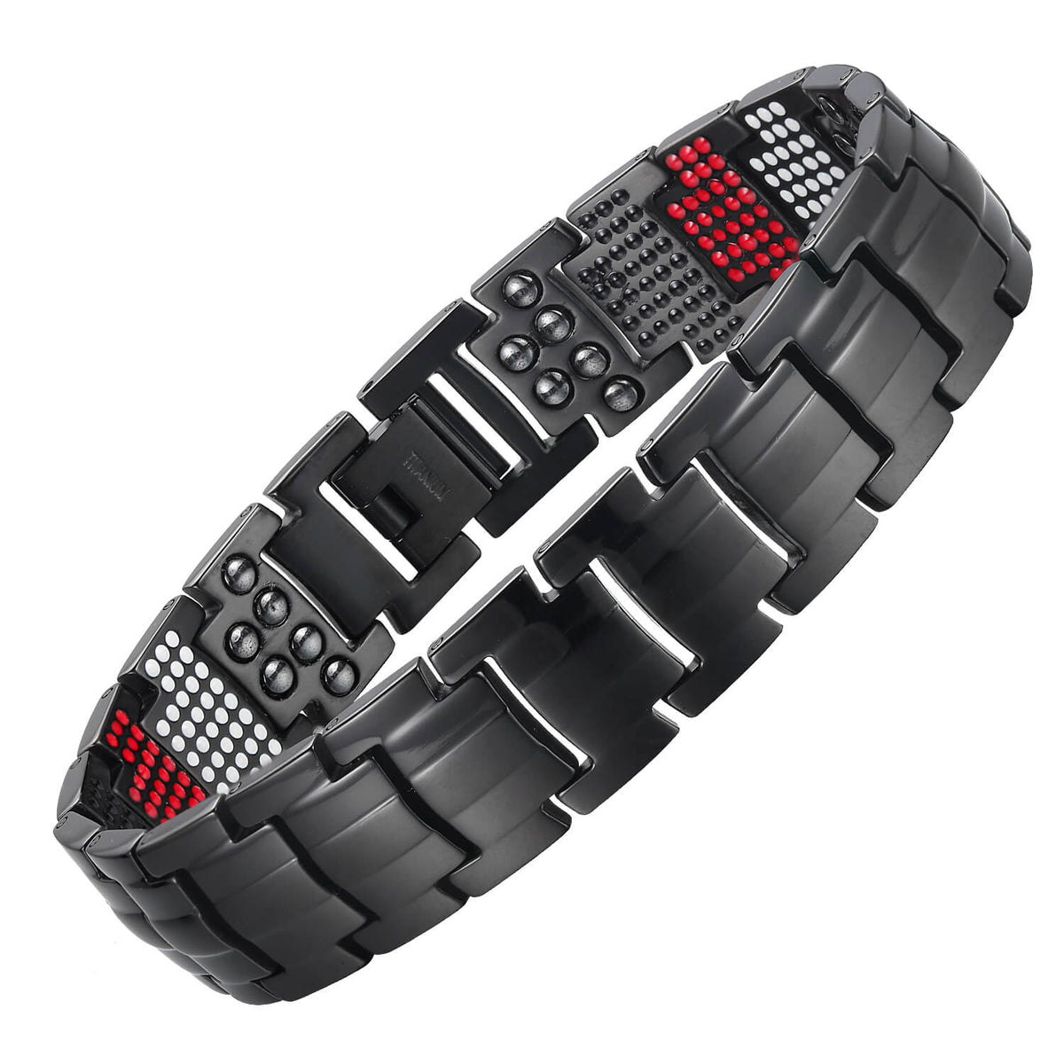 6x titanium bracelet in black with wide links and four-element therapy inserts