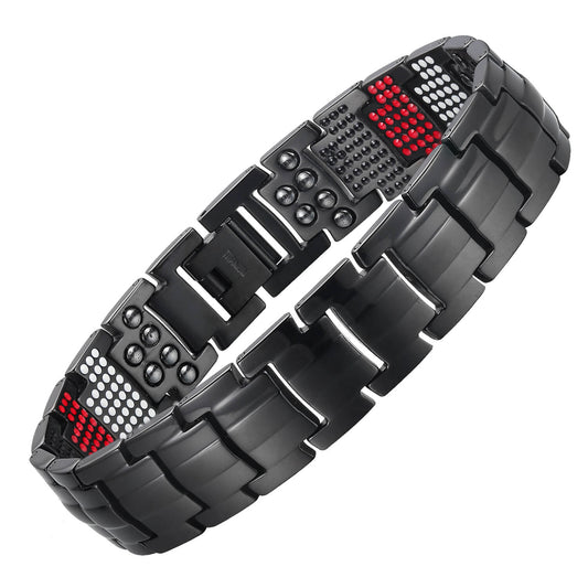 6X Titanium bracelet in black with wide links and four-element therapy inserts