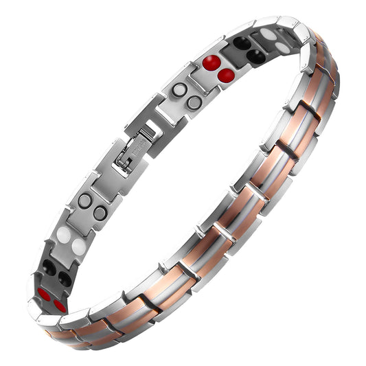 Thin Design 2X wellness bracelet in silver and rose with slim two-tone links