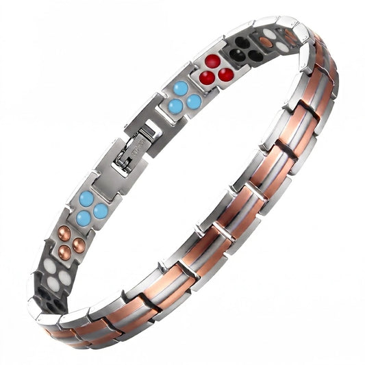 A multi-functional magnetic therapy link bracelet featuring silver, rose gold, and copper metallic segments, with embedded blue, red, black, and copper-colored beads on a white background.