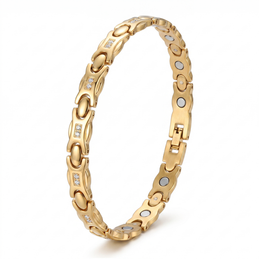 Crystal Bracelet Gold with crystal-set links and magnetic therapy elements on a white background