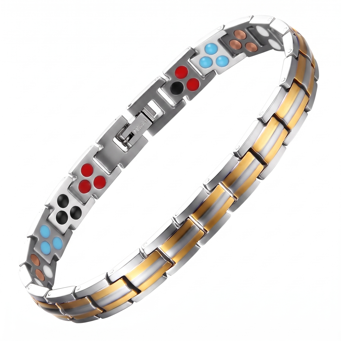 ladies single titanium bracelet in silver and gold with triple-element inner inserts