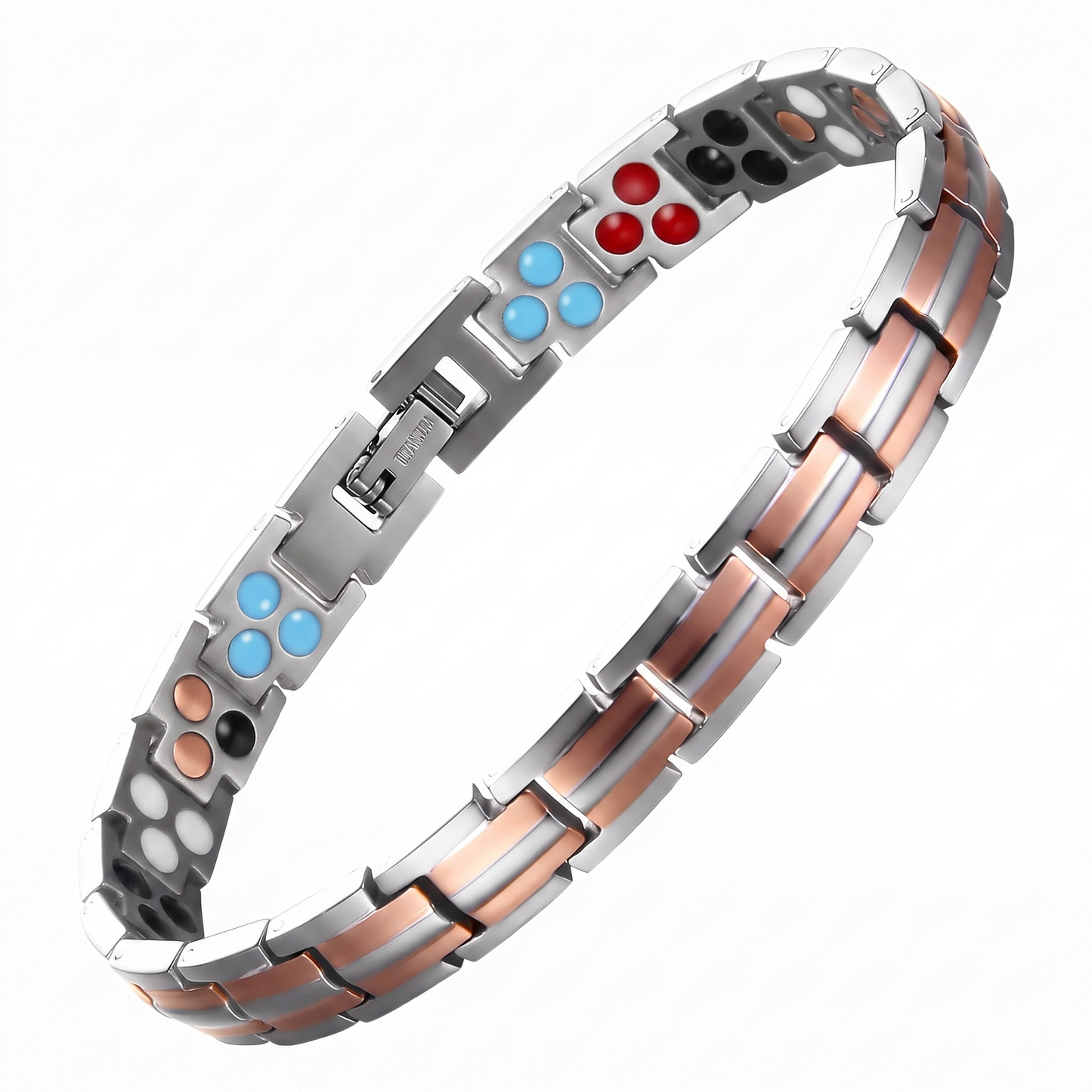 ladies single titanium bracelet in silver and rose gold with triple-element inner inserts
