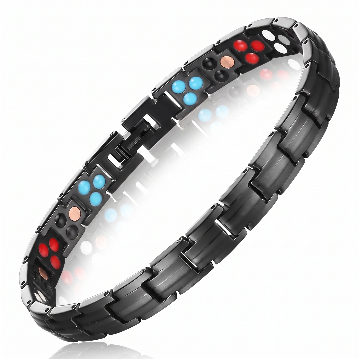 dead sea minerals bracelet in black with turquoise, red and copper therapy elements