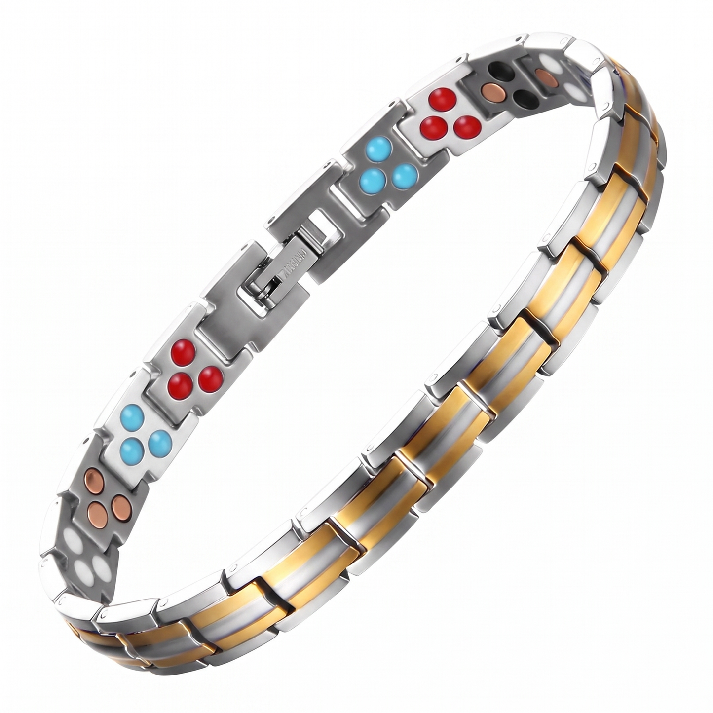 dead sea minerals bracelet in silver and gold with turquoise, red and copper therapy elements