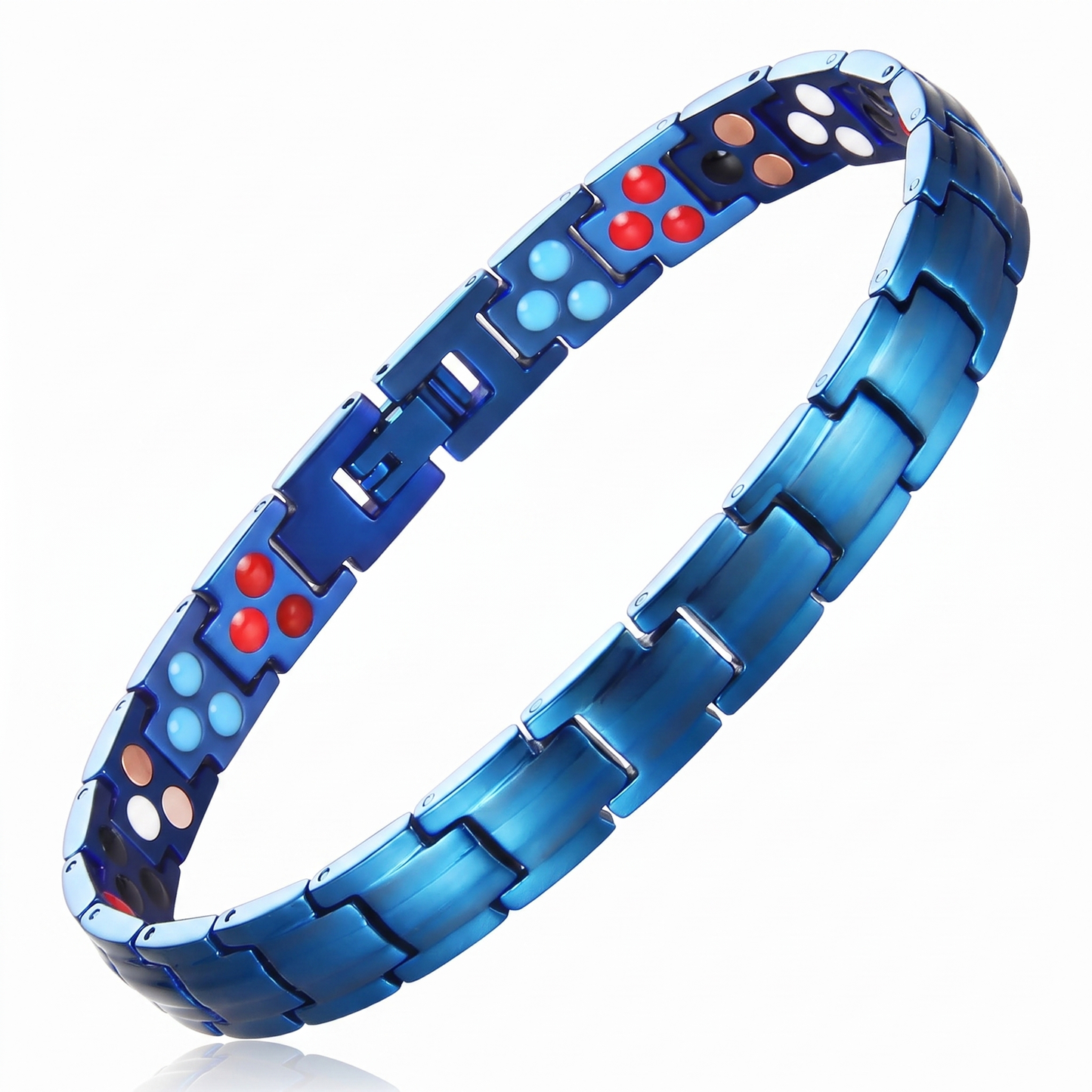 dead sea minerals bracelet in metallic blue with turquoise, red and copper therapy elements