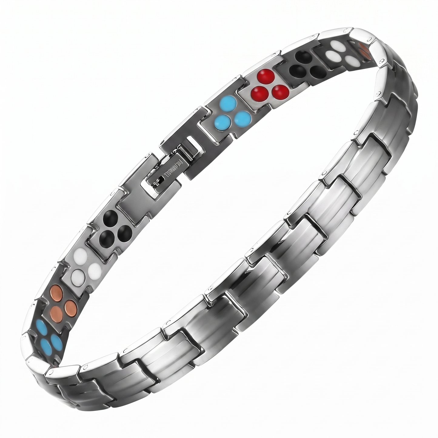 dead sea minerals bracelet in silver with turquoise, red and copper therapy elements