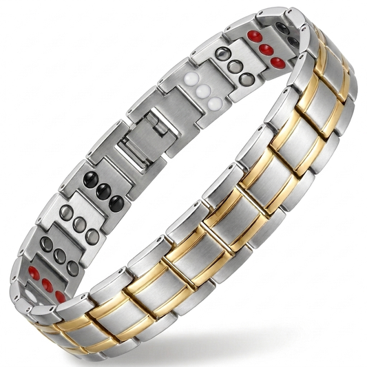 Thick Design 3X bracelet in silver and gold with wide two-tone links on a white background