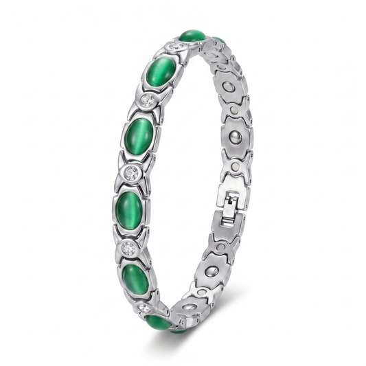 1X Cat's Eye crystal bracelet in green with oval cat's eye stones and clear crystals