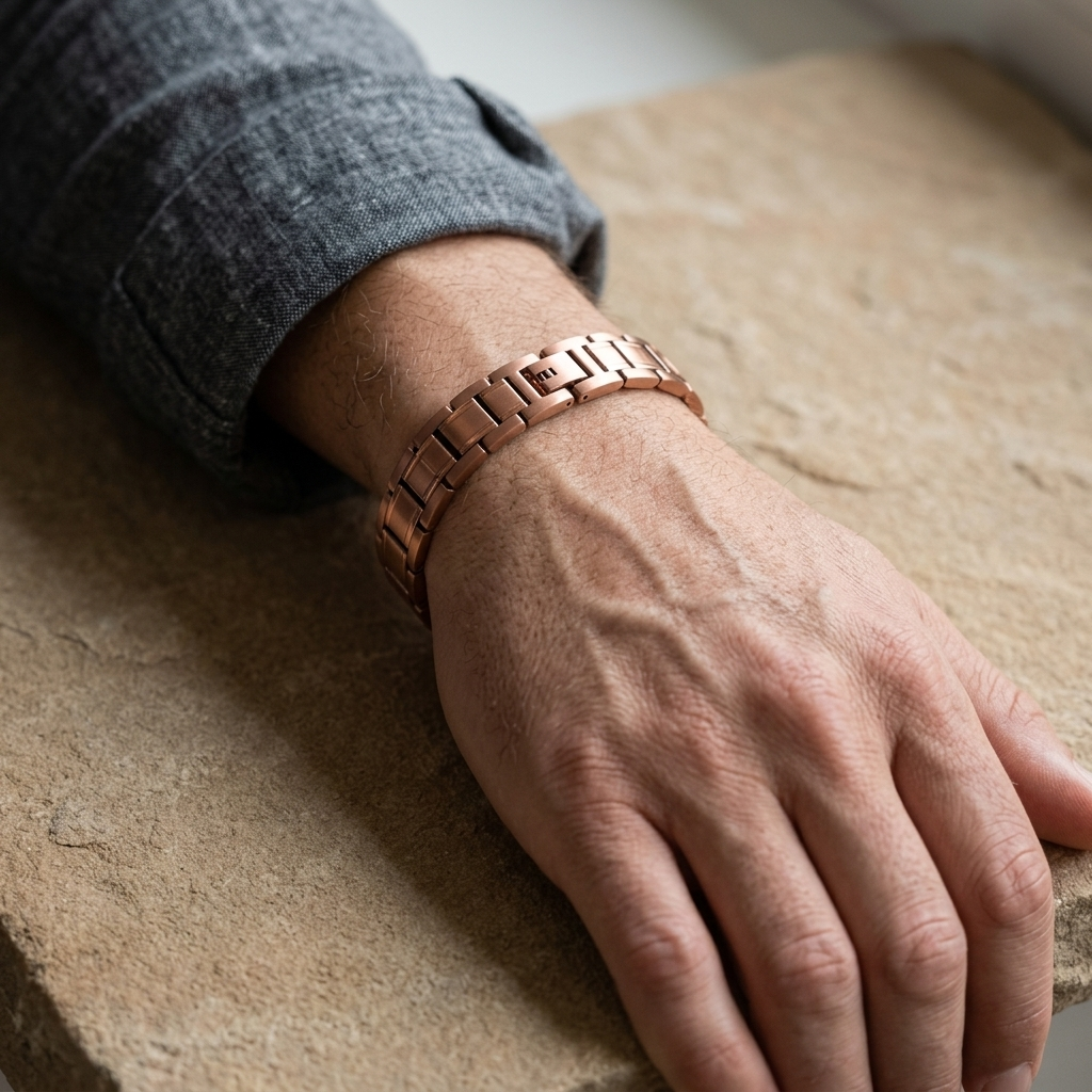 copper thick 6x pwr bracelet worn on the wrist